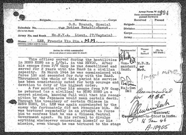 A completed form outlining a recommendation of an award for Francis Lee.