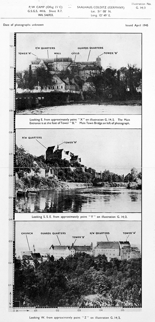 Three back and white photographs of Colditz Castle with areas pointed out including 'cells'.