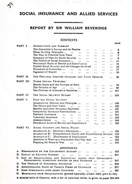 The contents of a document titled 'Social insurance and allied services'.