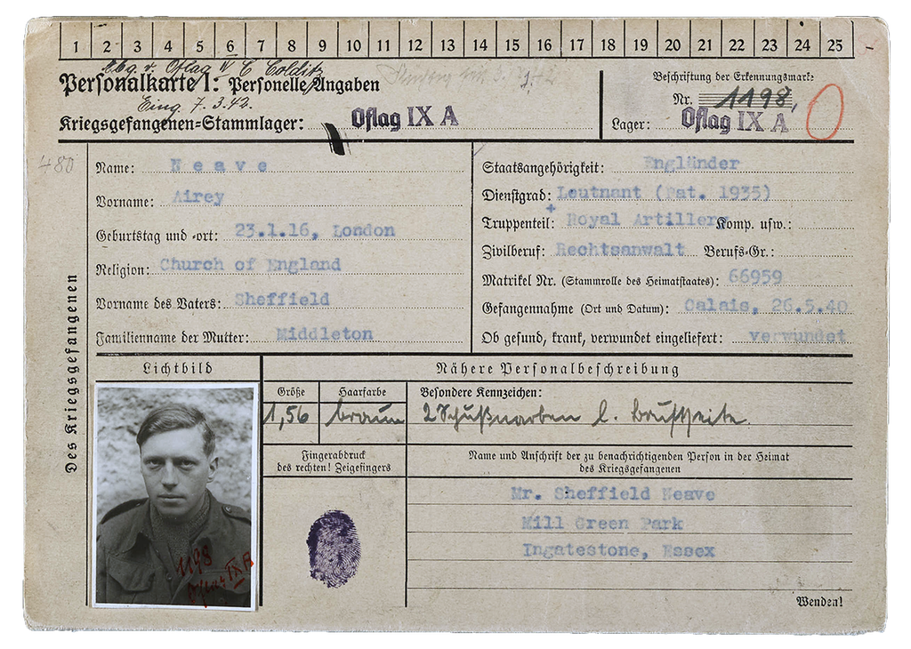 A filled-in prisoner card for Airey Neave with a passport photo of him.