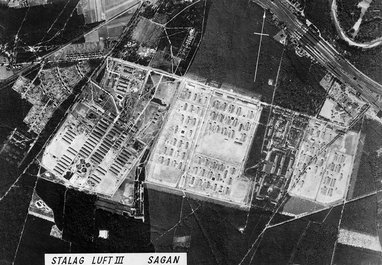 Black and white photograph showing dozens of identical huts in lines, surrounded by greenery.