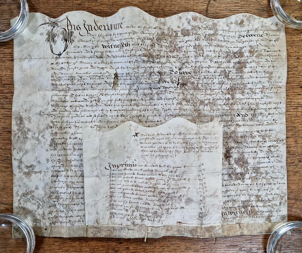 Writing-covered sheet of parchment held in place by four glass weights, with a small sheet attached.