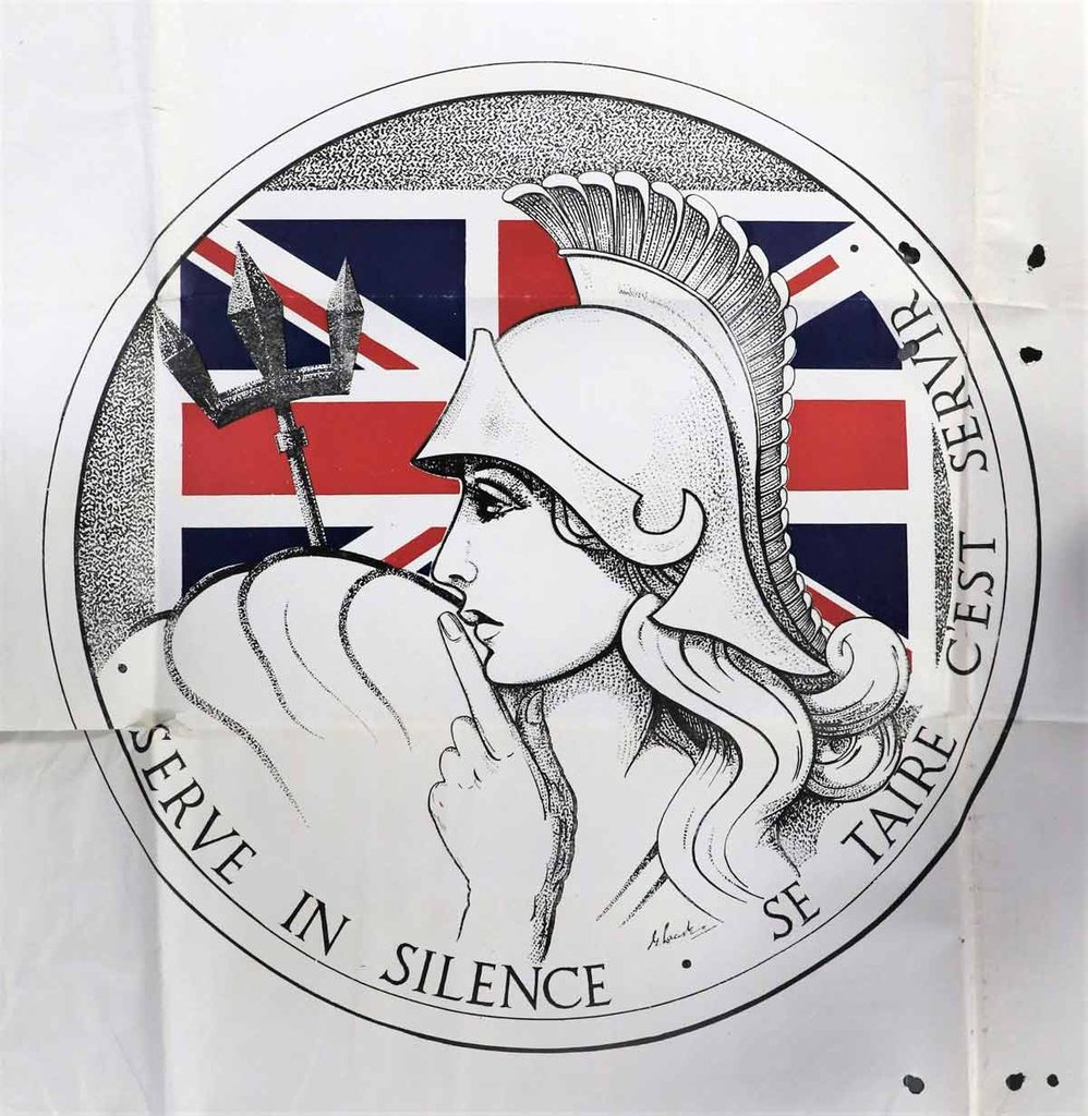 Drawing of a woman wearing a classical helmet and holding a trident in front of the Union Flag.