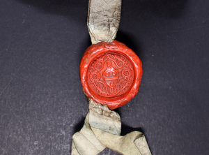 Close-up of a finely detailed wax seal attached to a folded document.