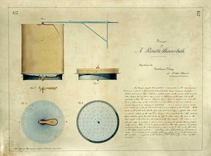 View of a device with a sheet that hangs from a hook above a round base with holes in.