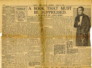 A newspaper story cutting titled A BOOK THAT MUST BE SUPPRESSED.