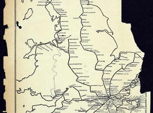 Map of England and Wales almost like a rail network plan showing stops on routes leading to London.