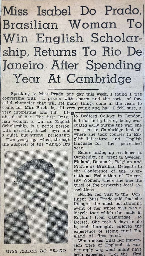 A newspaper story about Miss Osabel Do Prado reutning to Brazil after a year in Cambridge.