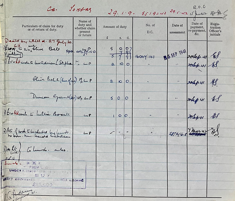 Printed form with a table filled in in blue and red pen.